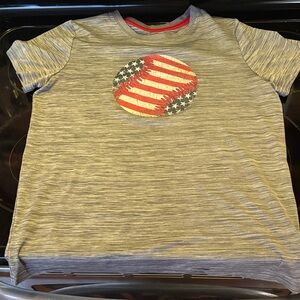 Patriotic Gray Kids Tee with Flag Baseball Design